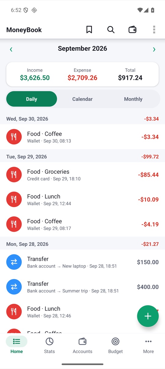 MoneyBook's Home screen with September 2026 income, expenses and the daily transaction list