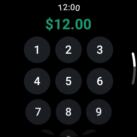 A round watch screen showing $12.00 above a large number keypad