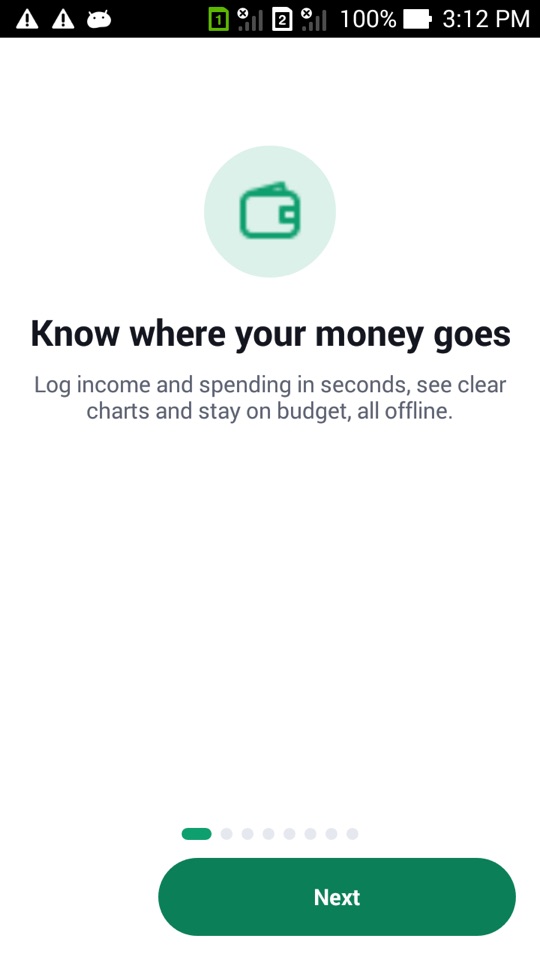 The first welcome screen reading Know where your money goes, with a Next button
