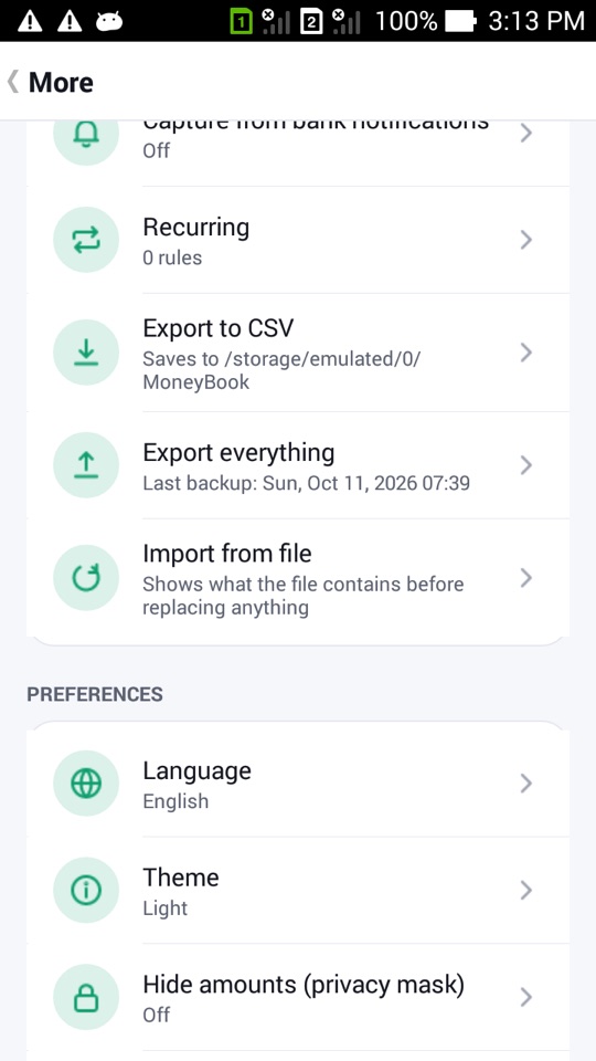 The More screen showing Export to CSV, Export everything with the last backup time, and Import from file