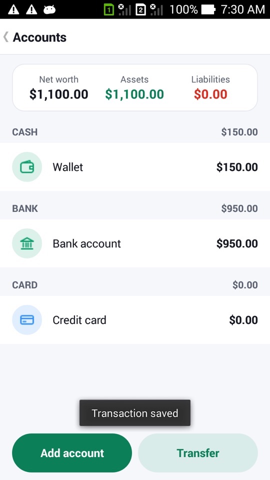 The Accounts tab with net worth at the top and accounts grouped under Cash, Bank and Card