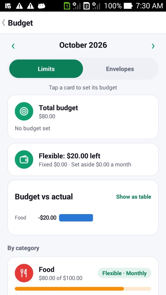 The Budget screen with a Flexible: $20.00 left card above the budget vs actual chart