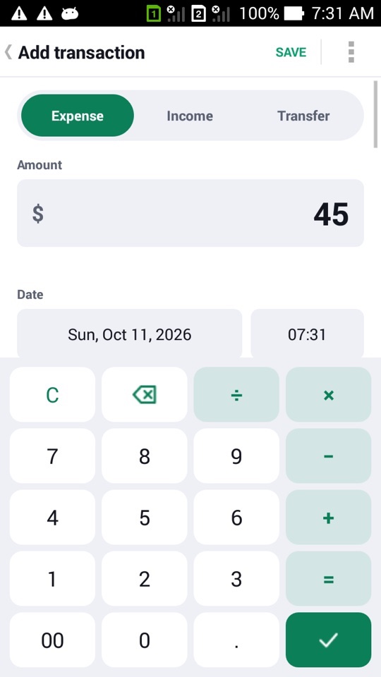 The Add transaction screen opened from a share, with Expense selected and 45 already in the amount field