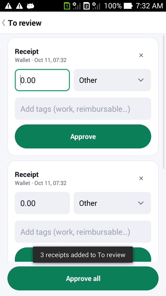 The To review inbox with two Receipt drafts, each with an amount field, a category picker, a tags field and an Approve button