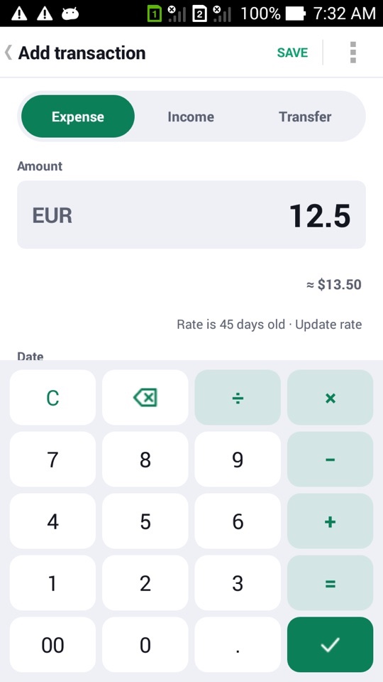 The Add transaction screen with EUR 12.5 entered, approximately $13.50 shown below, and a note that the rate is 45 days old
