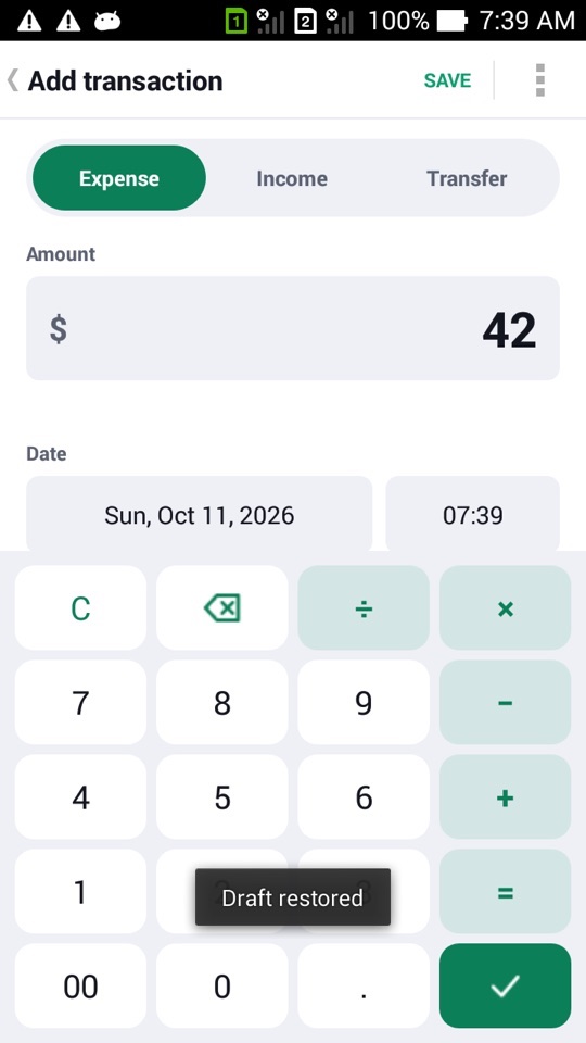 The Add transaction screen with 42 entered and a Draft restored message
