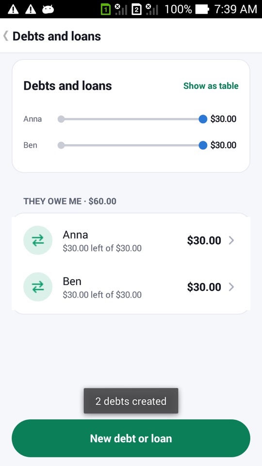 The Debts and loans screen showing Anna and Ben each owing $30.00 after a split bill
