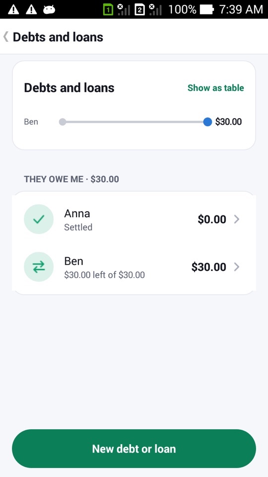 The Debts and loans screen with Anna marked Settled and Ben still owing $30.00