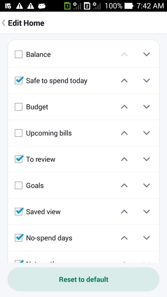 The Edit Home screen with No-spend days and other cards ticked, each with up and down arrows