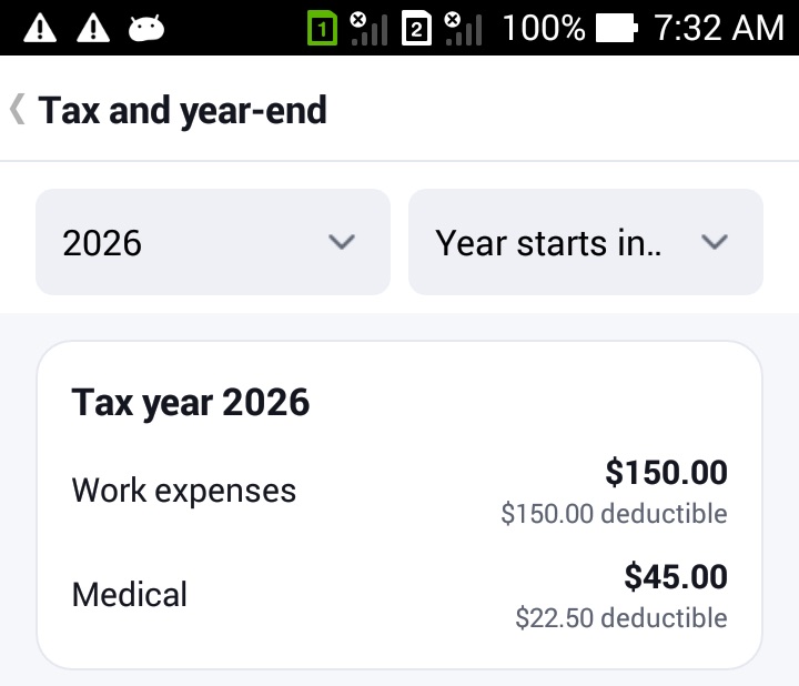 The Tax and year-end screen with tax year 2026 totals for Work expenses and Medical