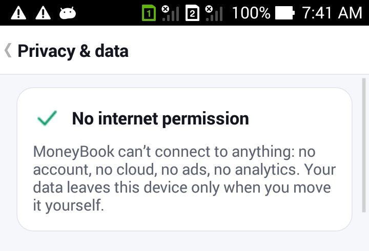 The Privacy and data screen with a green tick next to No internet permission