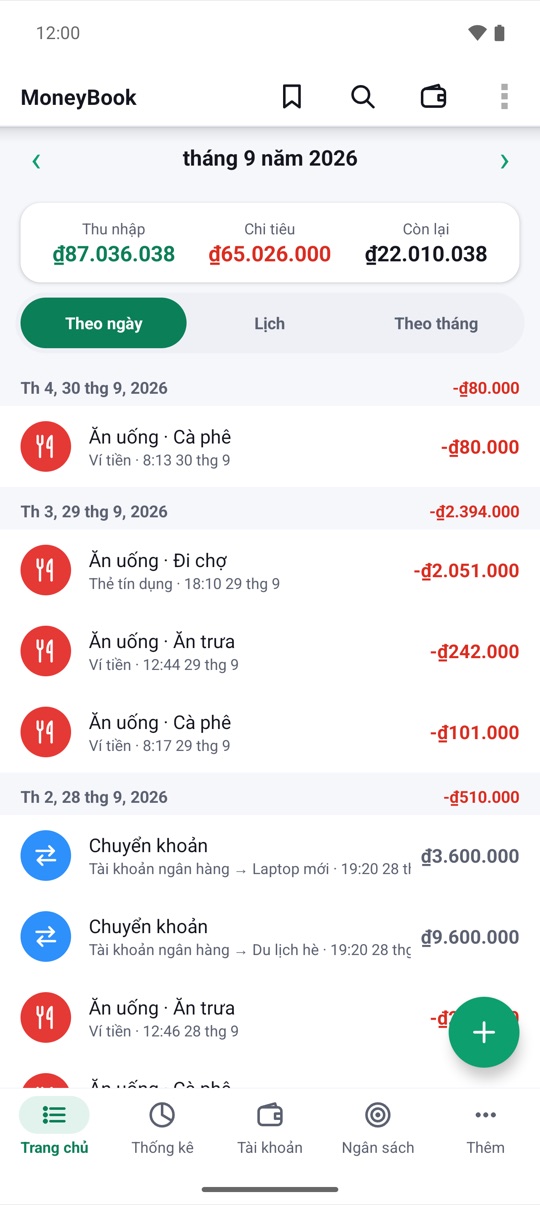 Màn hình chính của MoneyBook với thu nhập, chi tiêu tháng 9 năm 2026 và danh sách giao dịch theo ngày